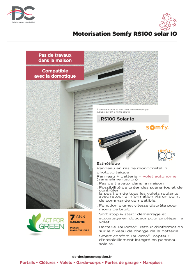 Fiche technique volet roulant Somfy RS100 Solar IO