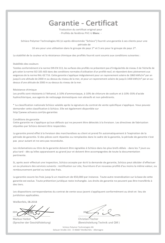 Schüco Certificats de garantie FR